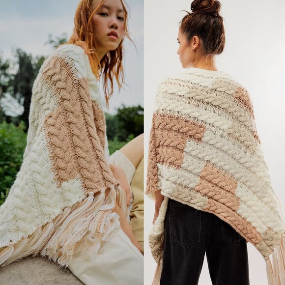 NEW Free People Revelry Cable Fringe Poncho Sweater Top Neutral OS Rare Bohemian - Picture 3 of 15